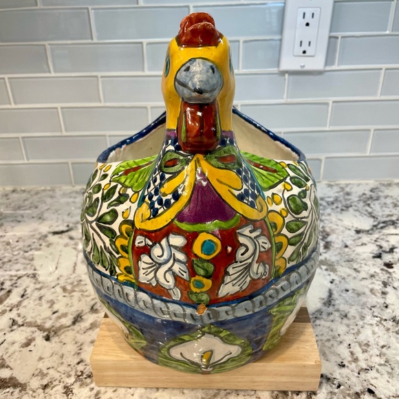 Vintage Hand-painted Mexican Talavera Ceramic Chicken Planter - Picture 2 of 11